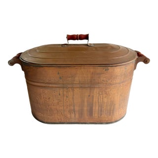 Antique Primitive Copper Wash Tub Boiler W/ Lid & Wood Handles – 23" For Sale