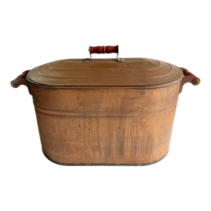 Antique Primitive Copper Wash Tub Boiler W/ Lid & Wood Handles – 23"