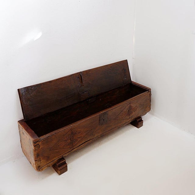 Spanish Carved Oak Bench Coffer, 1700s For Sale - Image 6 of 16