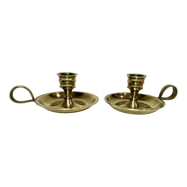 Pair of Vintage Brass Chamberstick Candle Holders For Sale