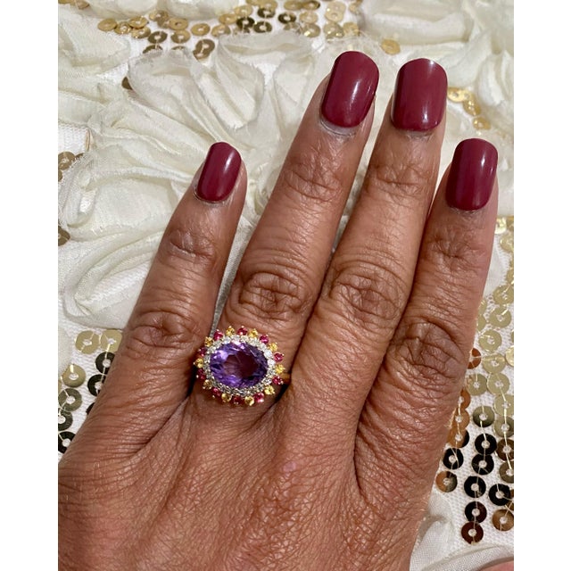 3.37 Carat Natural Amethyst Diamond Sapphire Yellow Gold Cocktail Ring Cute and Dainty!! This ring has a bright and vivid...