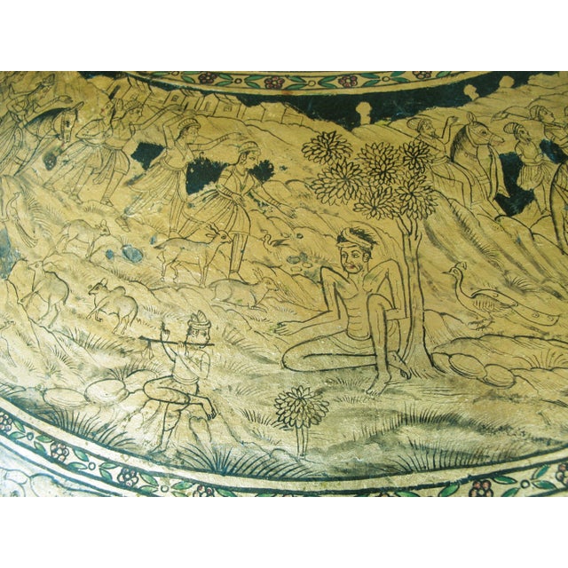 Indian Ceremonial Rajput Dhal Shield Intricate Gold Painted Hunting Scenes For Sale - Image 16 of 18