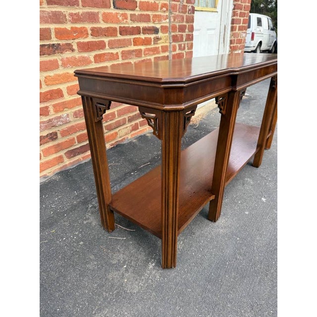 Wood Late 20th Century Chinoiserie Chippendale Style Inlaid Fretwork Console Table by Lane For Sale - Image 7 of 15