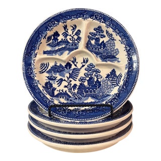Vintage Chinoiserie Blue Willow Divided Grill Plate, Set of 4 For Sale