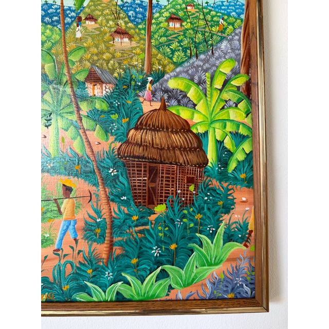 Wood Vintage Michelet Haitian Folk Art Tropical Village Scene Landscape Oil Painting – Framed For Sale - Image 7 of 16