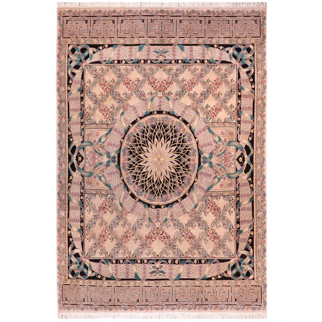 Shabby Chic Medallion 1990's Pak-Persian Tan/Black Wool Rug - 9'2'' X 12'3'' For Sale - Image 9 of 9