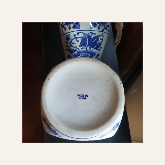 Ceramic Large Vintage Botanical Chinoiserie Blue and White Hexagonal Vases - A Pair For Sale - Image 7 of 10