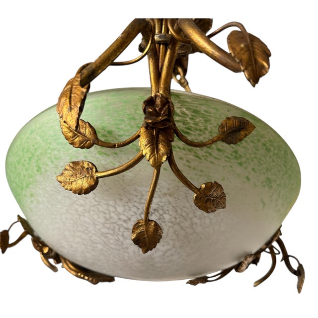 Muller Frères Antique Art Nouveau Muller Frères Glass & Gilt Bronze Pendant Chandelier For Sale - Image 4 of 4