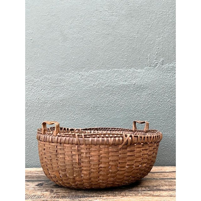Mid 20th Century Vintage Woven Rattan Shaker Basket With Handles For Sale - Image 5 of 12