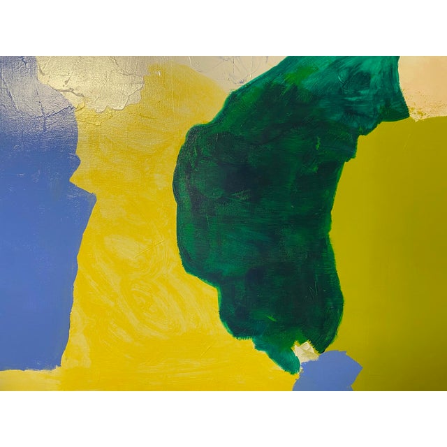 Large Abstract painting by Raleigh artist Ellan Maynard featuring vibrant colors of coral, green, peach, green and blue....