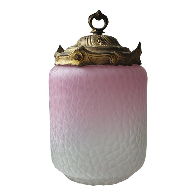 Antique Pink Pressed Glass Jar With Ornate Brass Lid French Style For Sale