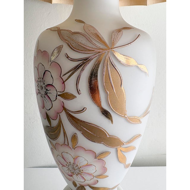 Mid Century Bavarian Glass Lamp Painted Floral Gold Accents With Shade For Sale - Image 4 of 11