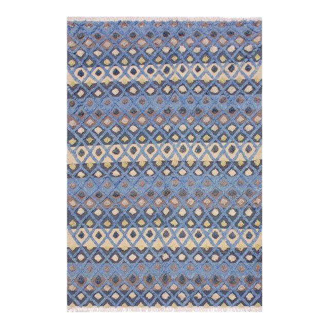 1990s 1990s Modern Moroccan High-Low Lt. Blue/Ivory Wool Rug - 5'5'' X 7'5'' For Sale