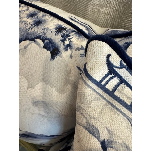 Pair of cotton & linen Chinoiserie blue and white Pagoda Toile motif with blue velvet piping detail decorative pillows....