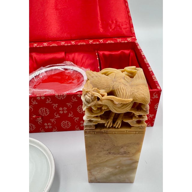 Vintage Chinese Dragon & Phoenix Hand Carved Soapstone Seal & Red Ink Pot Set For Sale - Image 9 of 13