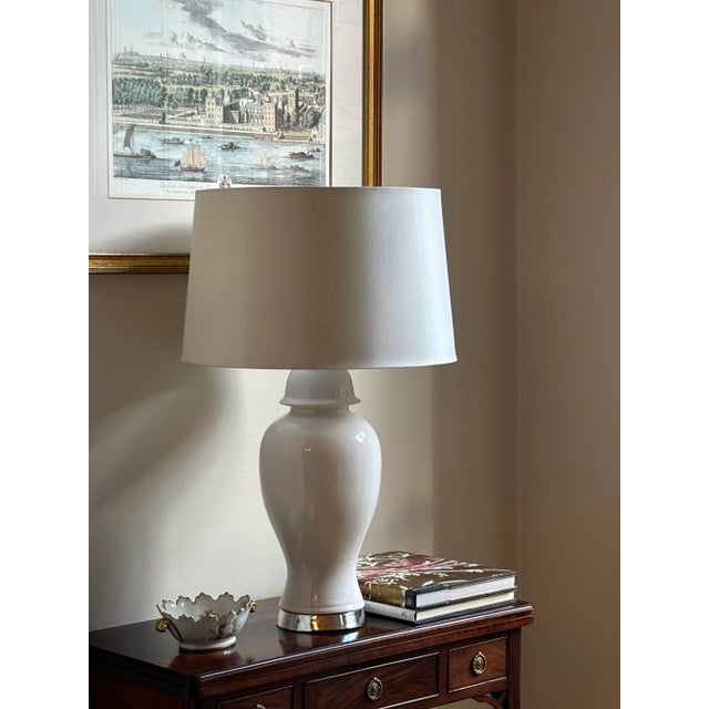 Chinoiserie 1960s White & Chrome Ginger Jar Table Lamps — A Pair For Sale - Image 3 of 17