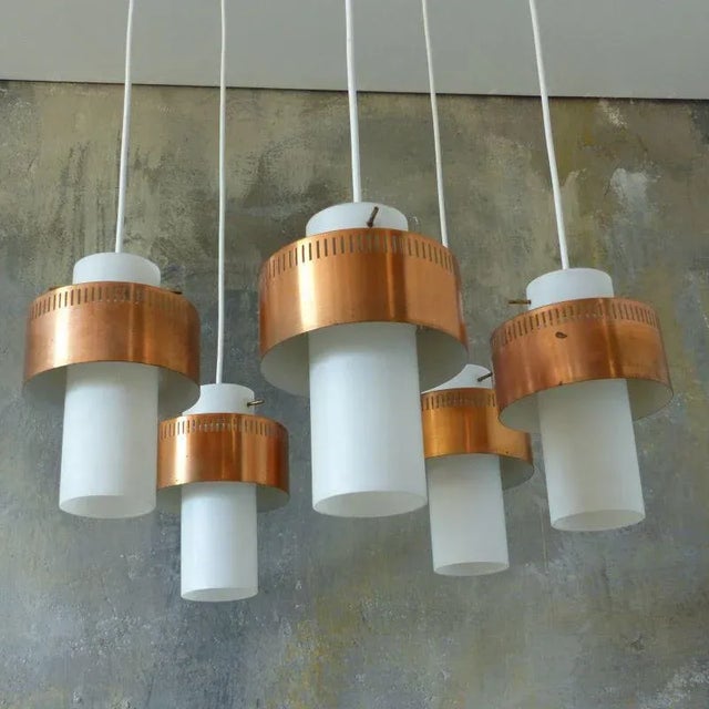 Metal Mid-Century Scandinavian Copper and Opaline Glass Ceiling Lamp For Sale - Image 7 of 13