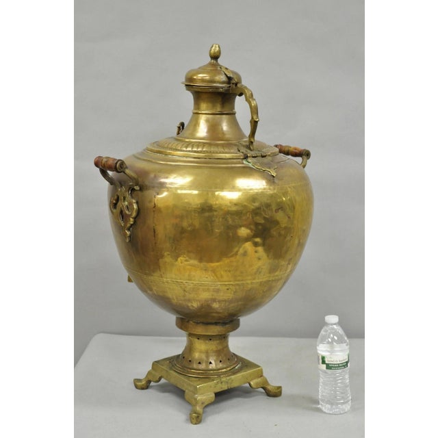 Antique Middle Eastern Moroccan Giant 30" Brass Bulbous Samovar with Wooden Handles and Great Authentic Patina. Circa Late...