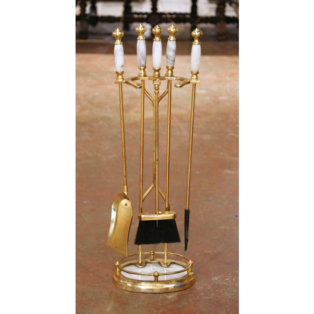 Mid-Century French Brass and Marble Five-Piece Fireplace Tool Set With Stand For Sale In Dallas - Image 6 of 10