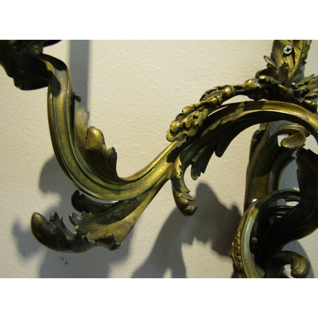 Antique Pair French 19th Century Louis XV Gilt Bronze Two Light Wall Sconces For Sale - Image 17 of 18