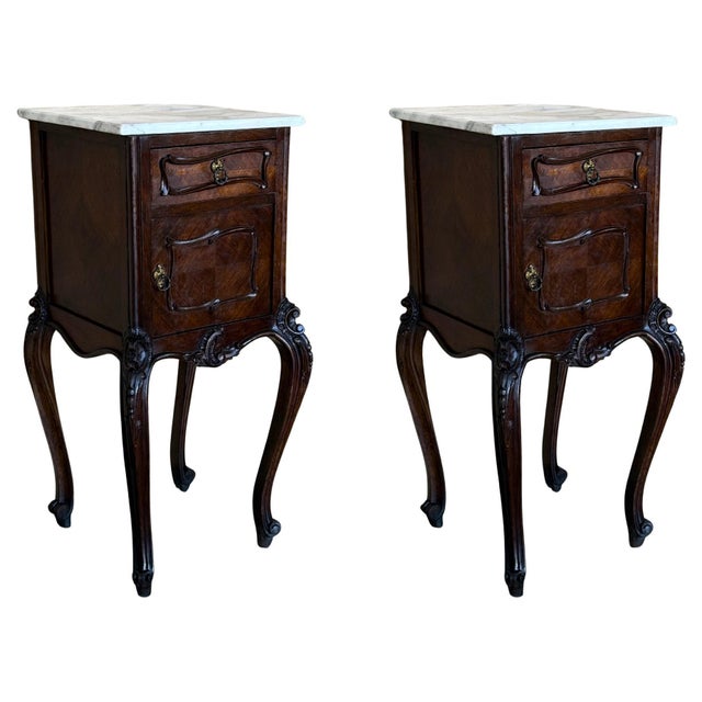 Antique French Mahogany Night Stands or bedside tables with marble top , 1900, A Pair For Sale - Image 15 of 18