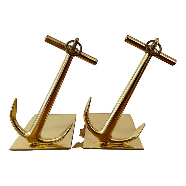 1950's Hollywood Regency Solid Brass Anchor Bookends - a Pair For Sale