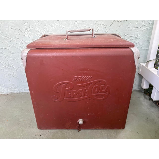 Mid-Century Modern Vintage 1940s Drink Pepsi-Cola Embossed Metal Cooler by Progress Refrigerator Co. For Sale - Image 3 of 12
