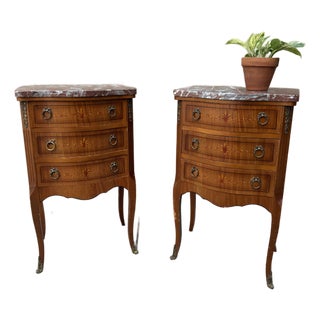 Pair Vintage Louis XV Marble Top Nightstands | Hand-Painted Details | Brass Mounts For Sale