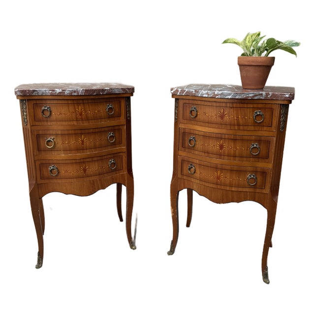 Pair Vintage Louis XV Marble Top Nightstands | Hand-Painted Details | Brass Mounts For Sale