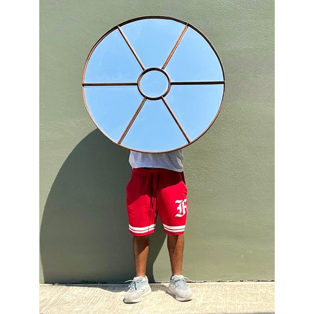 Mid-Century Modern Vintage Wrought Iron Round Windowpane Mirror For Sale - Image 3 of 12