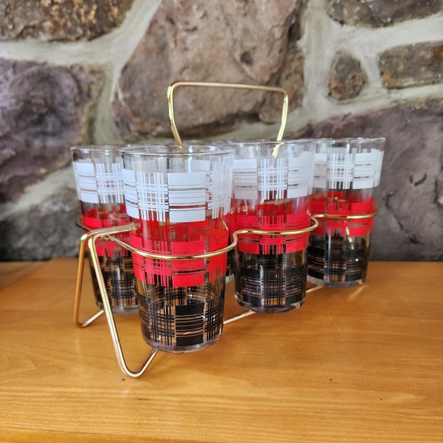 Vintage Mid-Century Modern Glass Tumblers With Gold Brass Caddy- 7 Pieces For Sale - Image 4 of 7