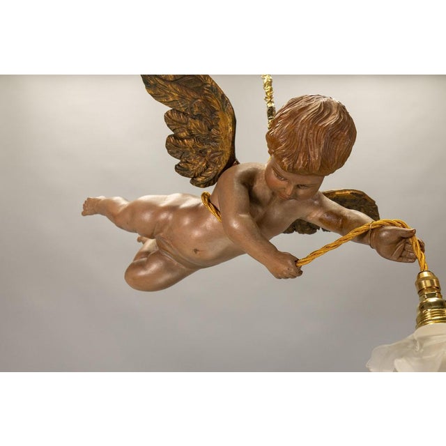 French Art Nouveau Cherub Pendant Light in Carved Wood & Frosted Glass, 1920 For Sale - Image 13 of 18