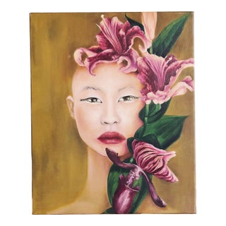 Vintage Acrylic Portrait of a Woman With Iris Blossoms For Sale
