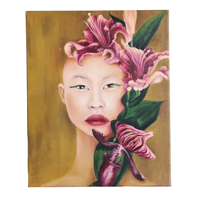 Vintage Acrylic Portrait of a Woman With Iris Blossoms For Sale