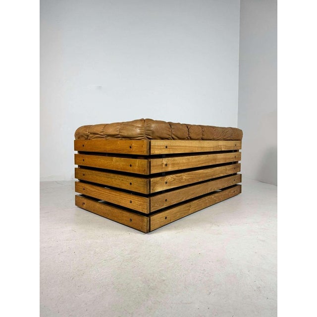 Mid-Century Cognac Leather Lounge Sofa in Oak, 1970s For Sale - Image 4 of 16