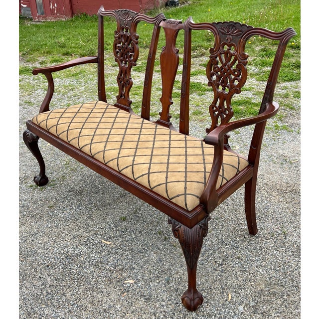 Vintage 1940’s Mahogany Chippendale Settee For Sale - Image 9 of 9