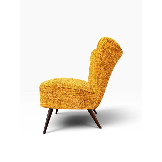 1950s Danish Modern Cocktail Chair | Curved Winged Back in Golden Mustard Tweed | Tapered Wood Legs | C. 1950s For Sale - Image 5 of 9