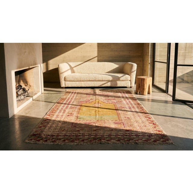 1820s Tan Camel Medallion Tribal Turkish Village Oushak -Ghoirdes 3' 10"x5' 8" Hand Knotted Wool Carpet For Sale - Image 9 of 9