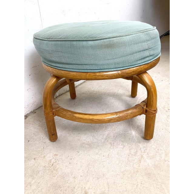 Mid 20th Century Vintage Rattan Ottoman Footstool in Seafoam Green Upholstery For Sale - Image 5 of 10