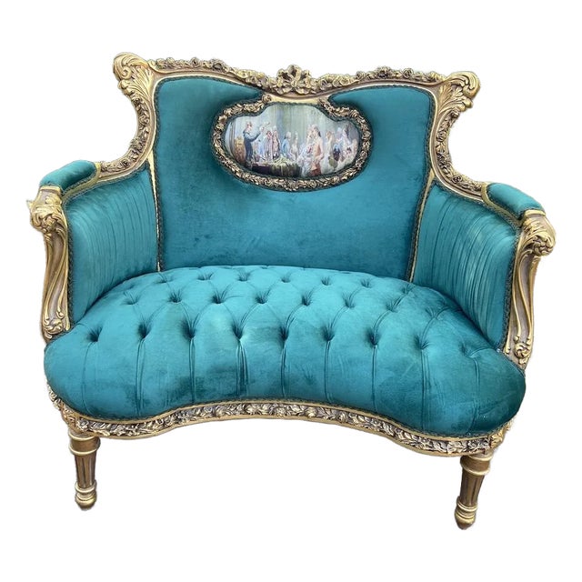 1990s Louis XVI Gold Beech Green Velvet Settee For Sale