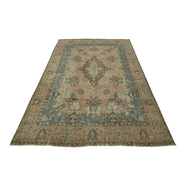 Tabriz Rug 9’6” X 12’4” Pink Wool Vintage Distressed Hand-Knotted Carpet For Sale