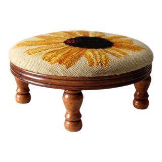 Vintage Footstool With Needlepoint Upholstery For Sale