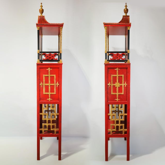Chinoiserie Pair of Vintage Louis XVI Style Chinoiserie Red Lacquer Display Cabinets For Sale - Image 3 of 17