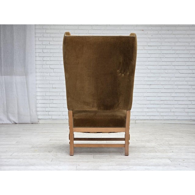 Scandinavian Wingback in Corduroy and Carved Oak, 1970s For Sale - Image 9 of 18