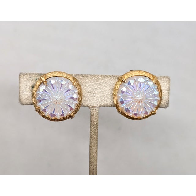 Mid-Century Modern Vintage 1960s Signed Hobe Round Goldtone Iridescent Rhinestone Clip Earrings-2 Pieces For Sale - Image 3 of 7