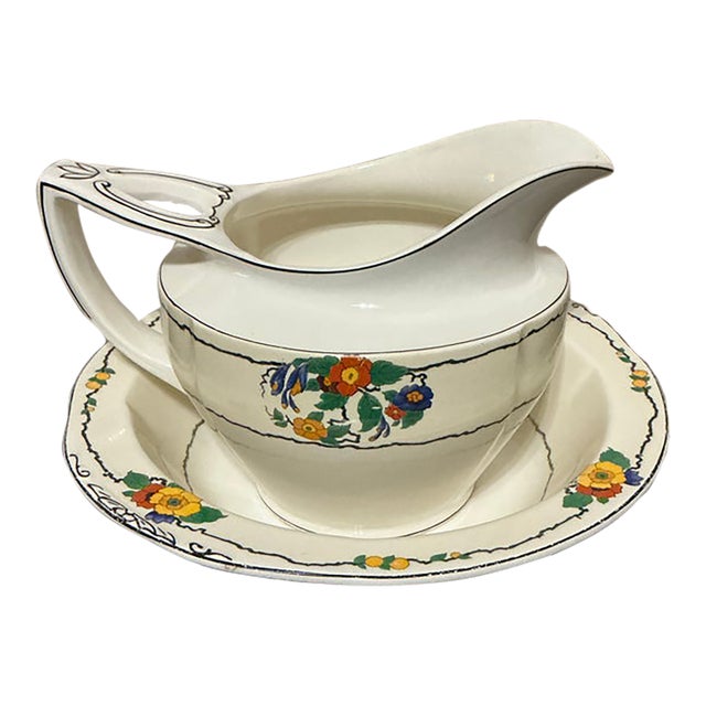 Antique w.h. Grindley & Co. “Chelsea Ivory” English Ironstone Gravy Boat & Underplate For Sale