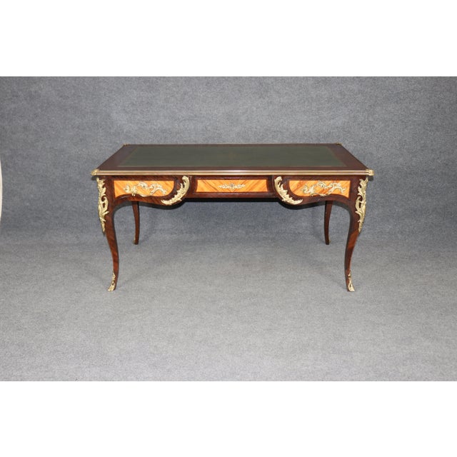 Wood Louis XV Style Brass Mounted Leather Top Partners Desk For Sale - Image 7 of 17
