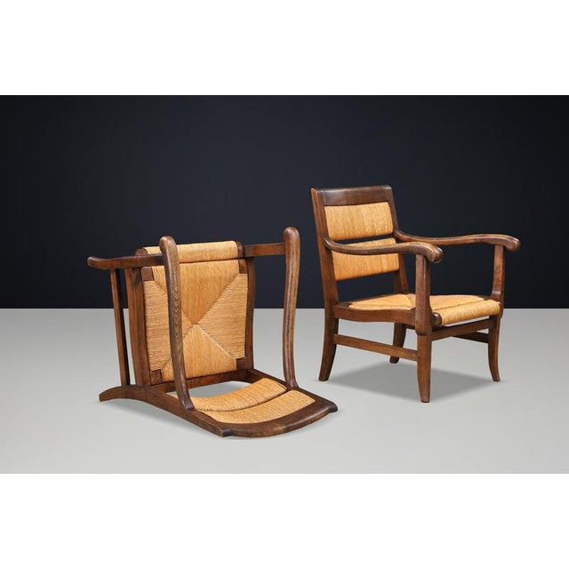 French Lounge Chairs in Oak and Rush, 1950s, Set of 2 For Sale - Image 9 of 10