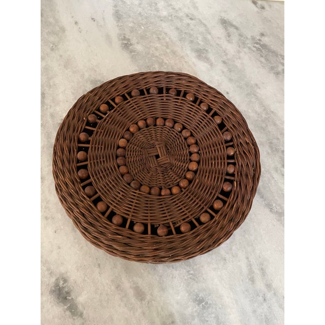 Wood Vintage Round Wicker Button Basket With Wood Beaded Lid For Sale - Image 7 of 9