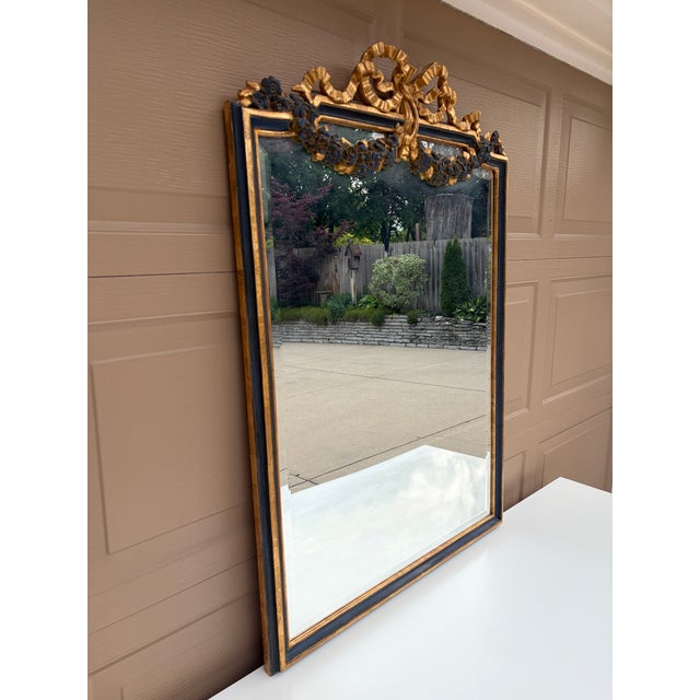 French Provincial Late 20th Century Italian Giltwood Mirror With Blue Painted Details and Floral Swags For Sale - Image 3 of 12